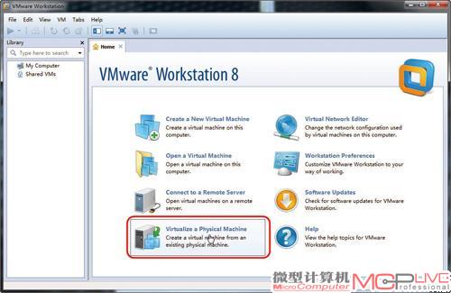 1.安装VMware Workstation 8之后，打开VMware Workstation 8主程序，选择“home”→“Virtualize a Physical Machine”。此时会提示安装VMware vCenter Converter Standalone，默认安装即可。